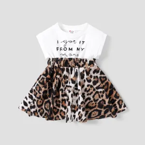 Baby Girl 95% Cotton Sleeveless Faux-two Letter Print Splicing Leopard Dress #803043