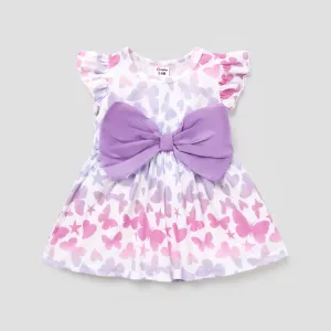 Baby Girl All Over Butterfly Print Flutter-sleeve Bowknot Dress #803005