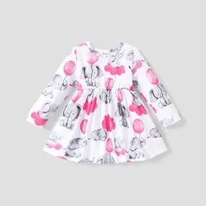 Baby Girl All Over Cartoon Elephant and Pink Balloon Print Long-sleeve Dress #196347
