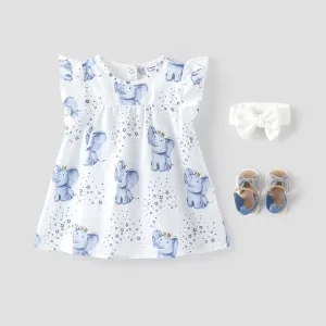 Baby Girl Allover Elephant & Star Print Flutter-sleeve Dress #220229