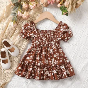 Baby Girl Allover Floral Print Ruffle Hem Puff-sleeve Smocked Dress #1038310