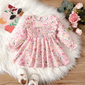 Baby Girl Allover Floral Print Smocked Ruffle Long-sleeve Dress #1055936