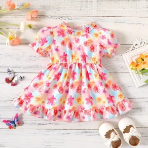 Baby Girl Allover Flower Print Frill Trim Puff-sleeve Dress #880023