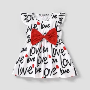 Baby Girl Allover Heart & Letter Print Flutter-sleeve Bow Front Dress