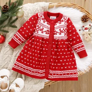 Baby Girl Allover Pattern Red Long-sleeve Button Knitted Sweater Dress #996183