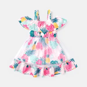 Baby Girl Allover Plant Print Cold Shoulder Sleeveless Ruffled Mesh Dress #856186