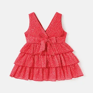 Baby Girl Allover  Print V Neck Sleeveless Layered Dress #818415