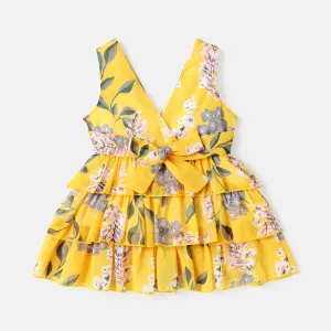 Baby Girl Allover  Print V Neck Sleeveless Layered Dress #855909