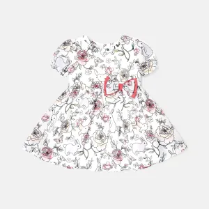 Baby Girl Allover Rabbit Print Puff-sleeve Bow Front Dress #788759