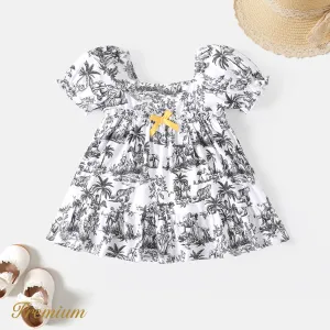 Baby Girl Allover Tropical Plant Print Puff Sleeve Square Collar Cotton Dress #1043420