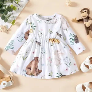 Baby Girl Animals and Plants Print White Long-sleeve Dress #783653