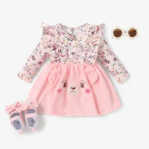 Baby Girl Bear Animal Pattern Ruffle Edge Dress #1190301