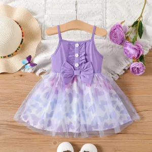 Baby Girl Bow Decor Butterfly Pattern Mesh Panel Ruffled Cami Fairy Dress #1040710
