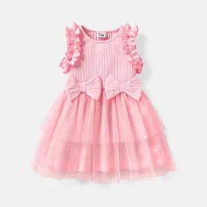Baby Girl Bow Decor Mesh Panel Rib-knit Ruffled Tank Fairy Dress #1040727