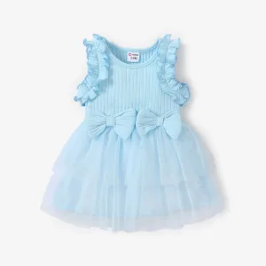 Baby Girl Bow Decor Mesh Panel Rib-knit Ruffled Tank Fairy Dress #1040732