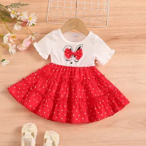 Baby Girl Bow Decor Rabbit Print Polka Dots Ruffle Dress #1042151