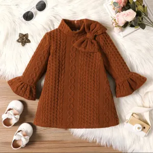 Baby Girl Brown Imitation Knitting Bow Front Mock Neck Bell Sleeve Dress #830371