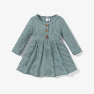 Baby Girl Button Front Solid Rib Knit Long-sleeve Dress #212897