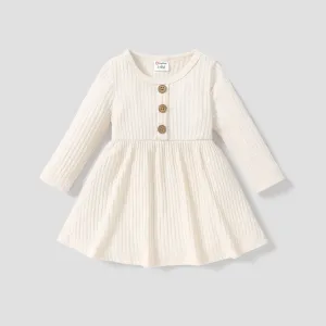 Baby Girl Button Front Solid Rib Knit Long-sleeve Dress #212904
