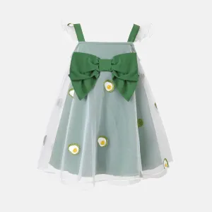 Baby Girl Contrast Bow Front Avocado Embroidered Mesh Flutter-sleeve Fairy Dress