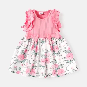 Baby Girl Cotton Ribbed Ruffle Trim Bow Front Floral Print Spliced Tank Dress #236790