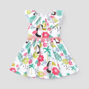 Baby Girl Cotton Ruffle Collar Sleeveless Pom Poms Decor Floral Print Dress #811932