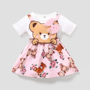 Baby Girl Cotton Short-sleeve Faux-two Bear Graphic Dress