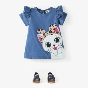 Baby Girl Cute Cat Print Ruffled Short-sleeve Dress