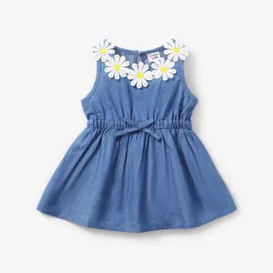 Baby Girl Daisy Floral Applique Detail Denim Tank Dress #220345