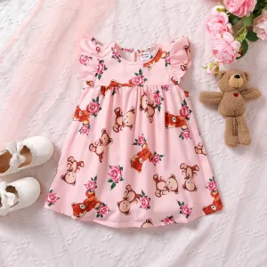 Baby Girl Floral & Bear Print Flutter-sleeve Dress #1038264