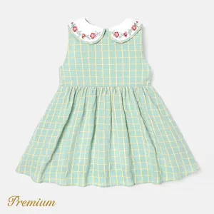 Baby Girl Floral Embroidered Contrast Collar Gingham Tank Dress