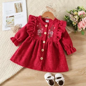 Baby Girl Floral Embroidered Ruffle Trim Long-sleeve Button Front Corduroy Dress #223639