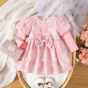 Baby Girl Floral Graphic Bow Decor Puff-sleeve Dress #1053560