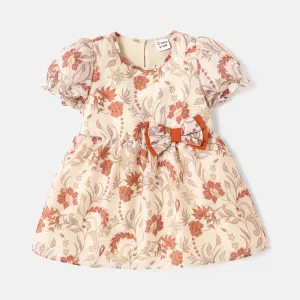 Baby Girl Floral Print Bow Front Puff-sleeve Dress #818342