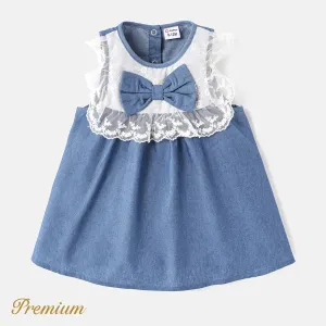 Baby Girl Lace Detail Bow Front Denim Tank Dress #723097