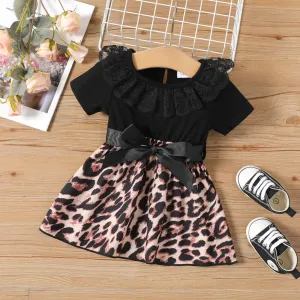 Baby Girl Leopard Panel Ruffle Collar Belted Dress #1036330
