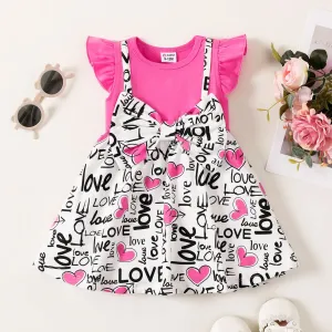 Baby Girl Letter Print Bow Front Flutter-sleeve 2 In 1 Dress #1041278