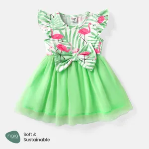 Baby Girl Naiaâ¢ Flamingo Print Bow Front Flutter-sleeve Mesh Panel Fairy Dress #1040724