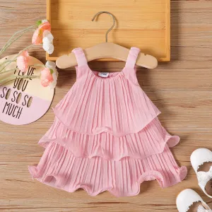 Baby Girl Pink Lettuce Trim Layered Pleated Dress #917085