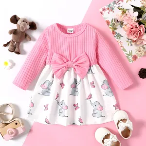 Baby Girl Pink Ribbed Bowknot Long-sleeve Splicing Cartoon Elephant Print Dress #196314