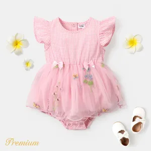 <Floral Serenade> Baby Girl Plaid Ruffle-sleeve Mesh Overlay Romper / Floral Embroidered Smocked Slip Fairy Dress #1045420