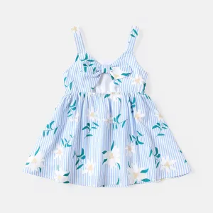 Baby Girl Plant Striped Print Bow Decor Cut Out Front Slip Dress #1040715