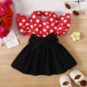 Baby Girl Polka Dots Front Buttons Lapel Collar Ruffle Sleeve Dress #1044110