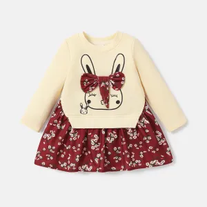 Baby Girl Rabbit Graphic Floral Print Hem Long-sleeve Faux-two Dress #220329