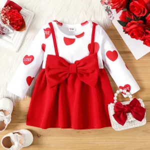 Baby Girl Red Love Heart Print Long-sleeve Splicing Bowknot Dress #196288
