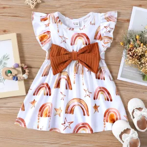 Baby Girl Rainbow&Star Print Ruffled Flutter-Sleeve Dress #196060