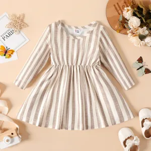 Baby Girl Ribbed Brown/White/Striped Long-sleeve Dress #1050512
