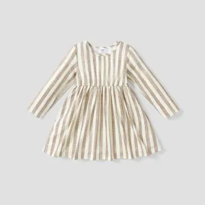 Baby Girl Ribbed Brown/White/Striped Long-sleeve Dress #201129