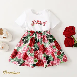 Baby Girl Rose & Letter Print Short-sleeve Combo Dress #1041595