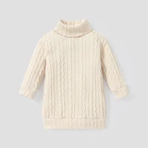 Baby Girl Solid Cable Knit Turtleneck Long-sleeve Sweater Dress #204345